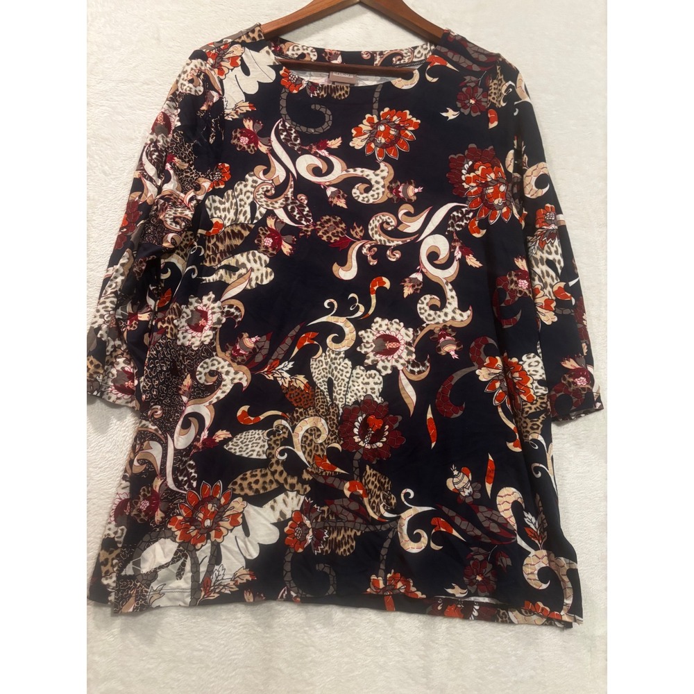 Chicos Blouse Women's 2 Floral Print 3/4 Sleeve Tunic Top Large Stretch Red